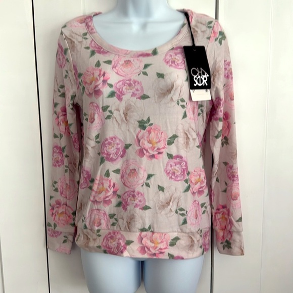 Chaser Pink Floral Print Scoop Neck Long Sleeve Knit Oversized Pullover Top XS - Picture 1 of 8